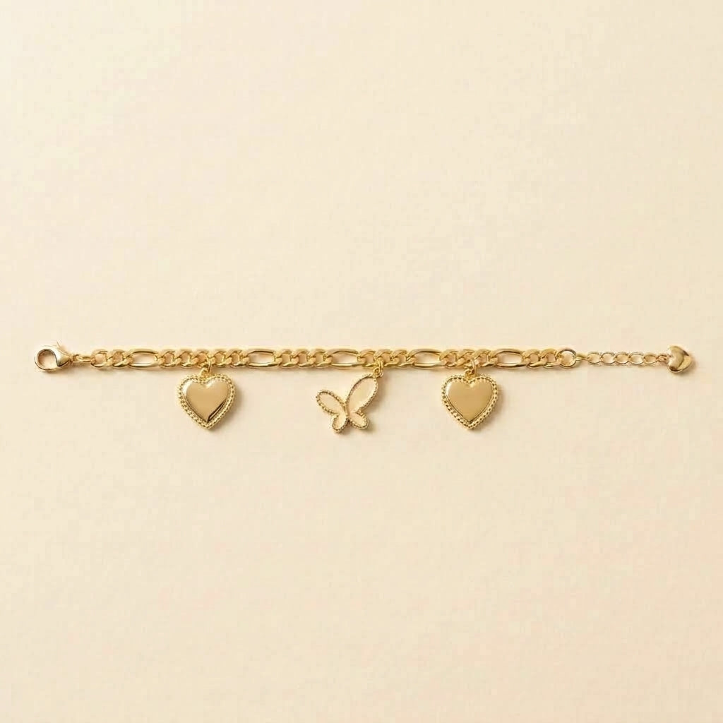 PULSERA FIGARO COLGANTE MARIPOSA Y CORAZONES