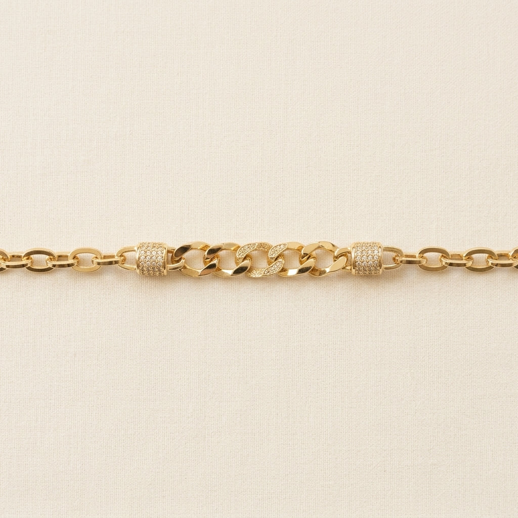 PULSERA NEXUS ESLABON MIXTO DORADO CON DETALLE PAVE