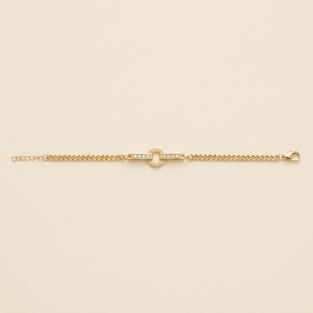 PULSERA CUBANA FINA CON CIRCULO DORADO Y CONECTORES PAVÉ
