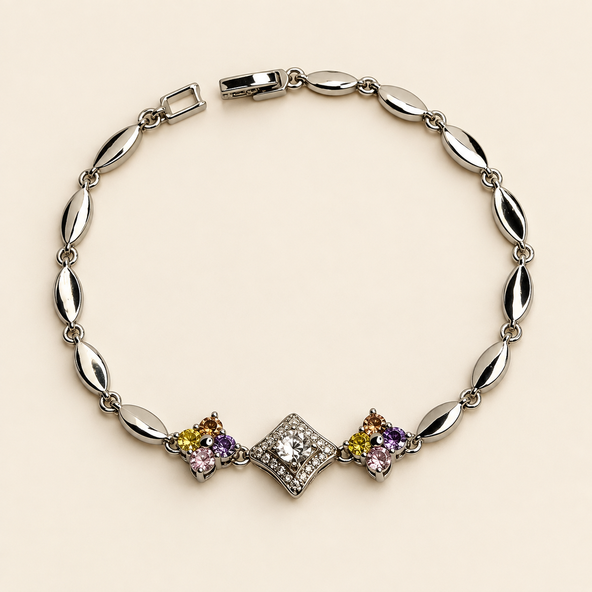 PULSERA PLATEADA MARQUISE CON DETALLE CENTRAL DE CRISTALES Y FLORES MULTICOLOR